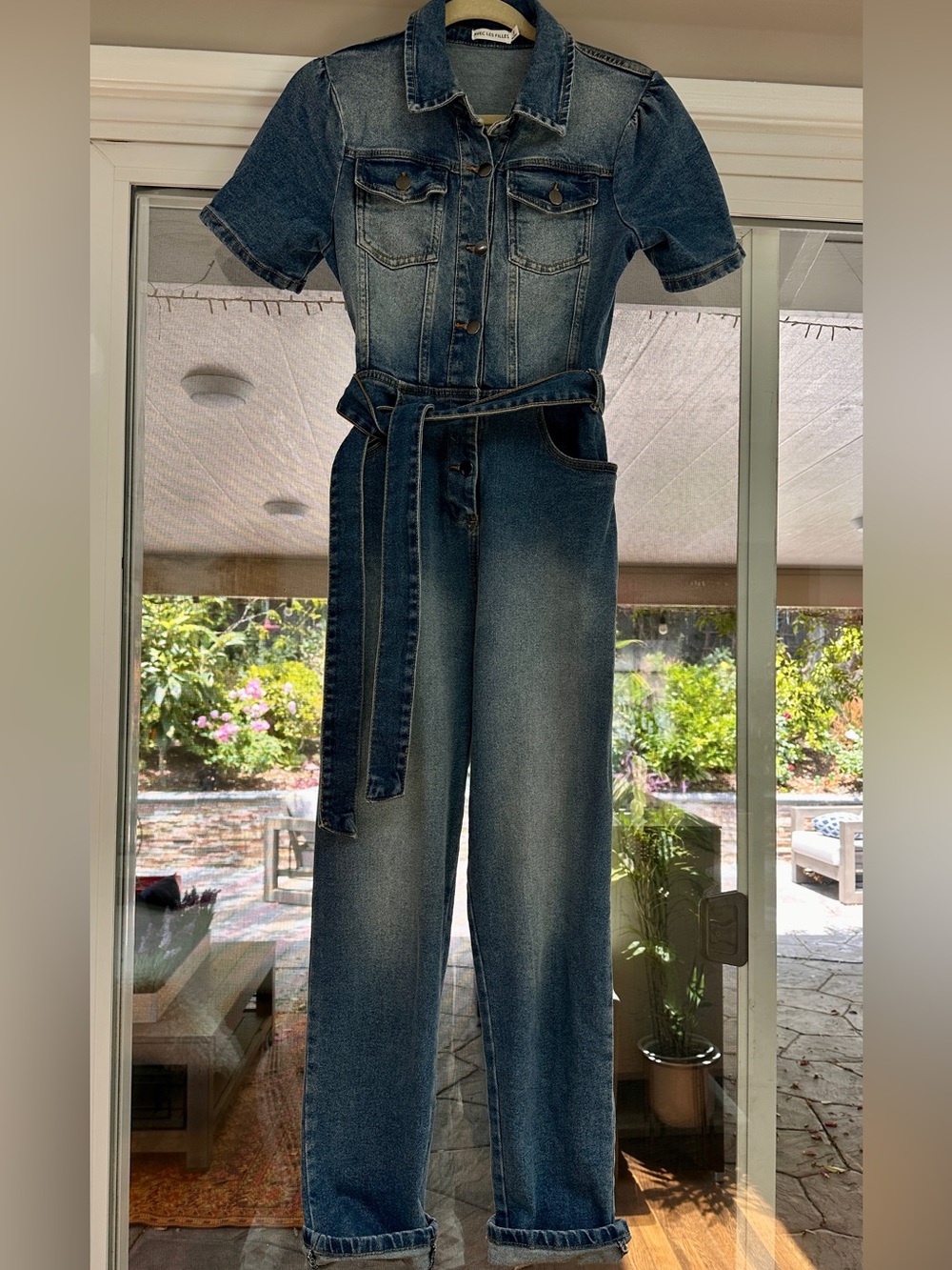 Avec Les Filles Blue Denim Belted Jumpsuit.